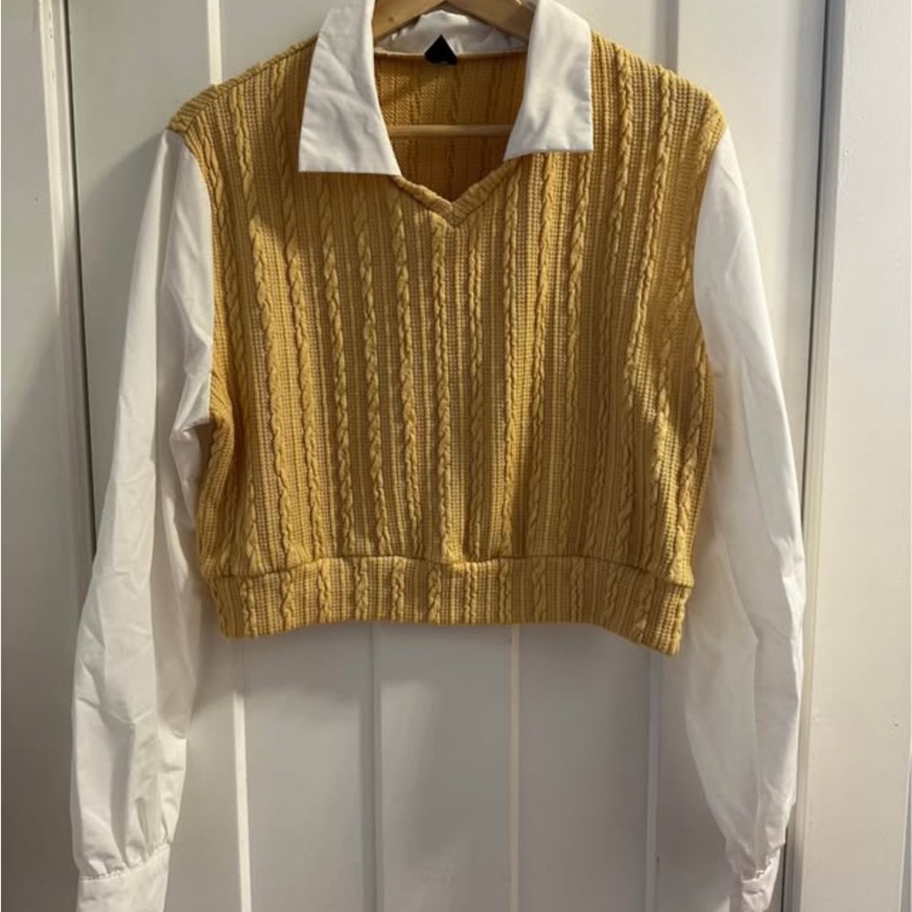 SHEIN Mustard Yellow Cropped Cable Knit Vest with White Collar